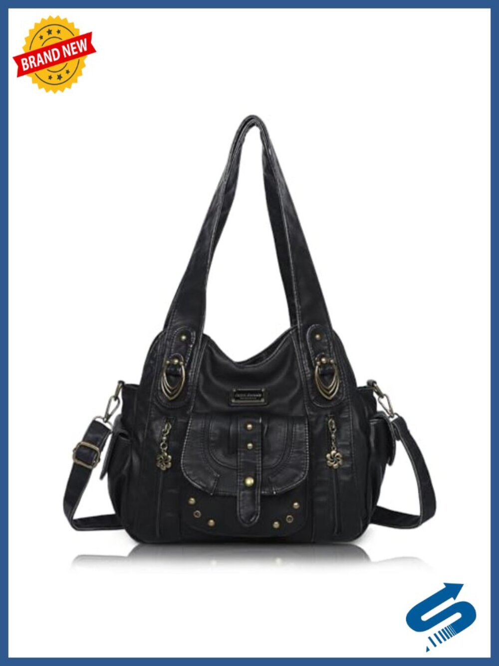 Hobo Crossbody Bag with Metal Studs - Faux Leather Shoulder Handbag